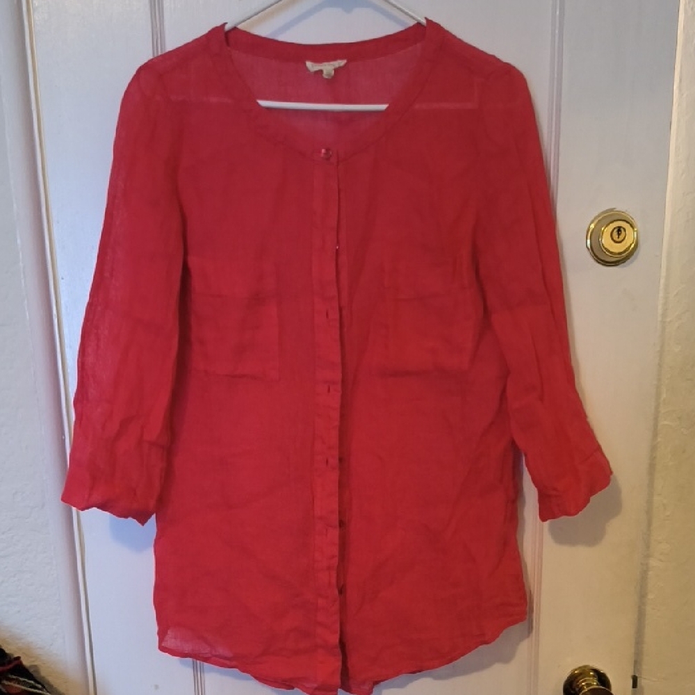 Eileen Fisher | 100% Linen Elegant Red Blouse with Button Detail